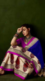 Blue and Beige Ajrakh Hand Blocked Pure Cotton Saree