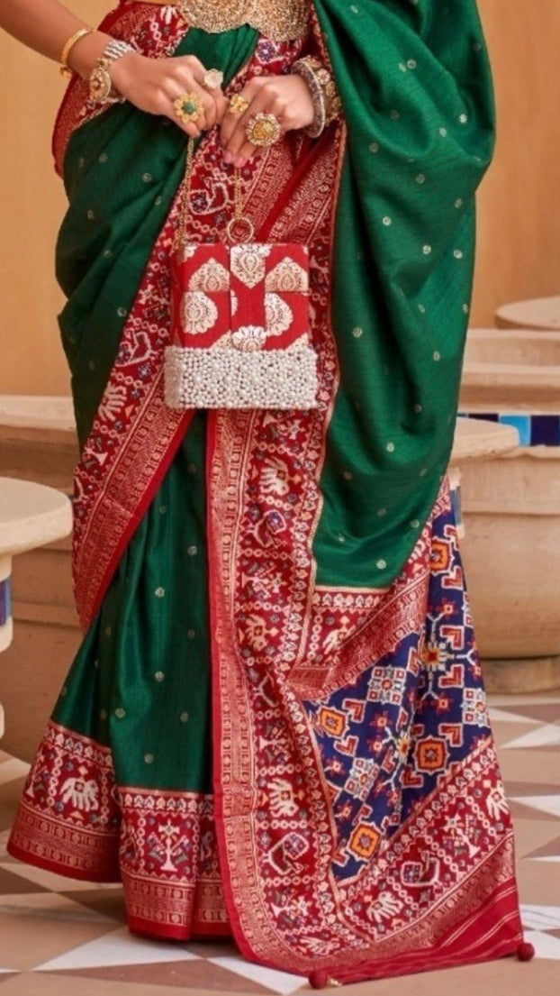 Green and Red Ikat Patola Contemporary Banarasi Crepe Silk Saree ERA06GRD