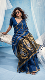 Royal Blue & Gold Paisley Raw Tussar Silk Saree