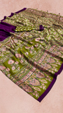 Purple and Green Ajrakh Satin Crepe Silk Saree