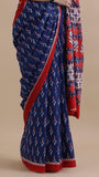 Blue and Red Floral Patterned Summer Cotton Saree