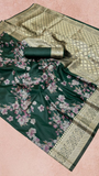 Green and Gold Floral Satin Banarasi Silk Saree