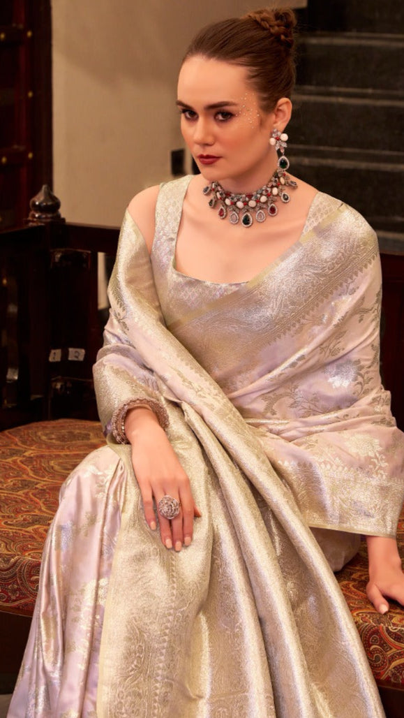White and Silver Floral Banarasi Silk Saree