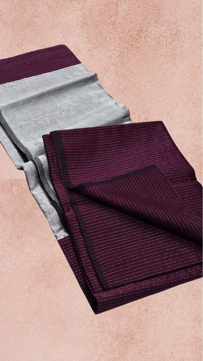 Violet Silver Zari Line Handloom Pure Maheshwari Silk Saree