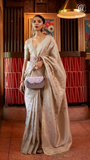 Beige & Gold Handloom Weaving Banarasi Silk Saree