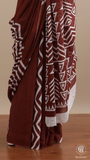 Brown & White Line Patterned Handblocked Pure Mul Cotton Saree
