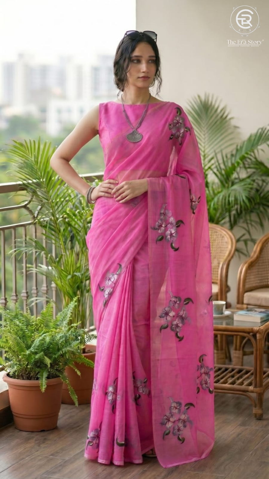 Pink Floral Handblocked Pure Mul Cotton Saree
