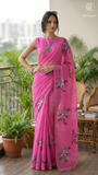 Pink Floral Handblocked Pure Mul Cotton Saree