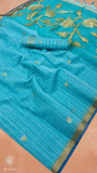 Teal Blue & Gold Silver Lotus Raw Silk Saree