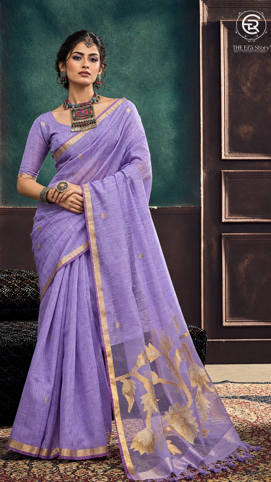 Purple & Gold Silver Lotus Raw Silk Saree