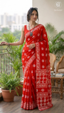 Red Floral Butta Handblocked Pure Mul Cotton Saree
