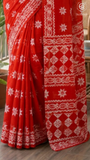 Red Floral Butta Handblocked Pure Mul Cotton Saree