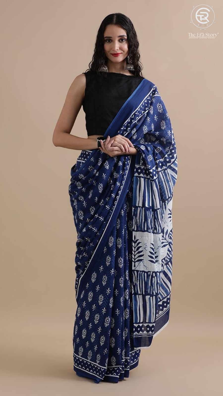 Blue & White Floral Handblocked Pure Mul Cotton Saree