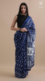 Blue & White Floral Handblocked Pure Mul Cotton Saree