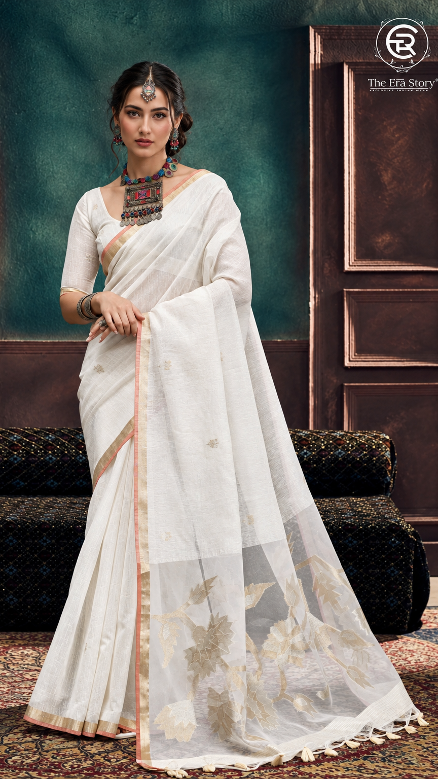 White & Gold Silver Lotus Raw Silk Saree