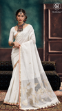 White & Gold Silver Lotus Raw Silk Saree