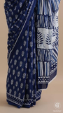 Blue & White Floral Handblocked Pure Mul Cotton Saree