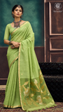Moss Green & Gold Silver Lotus Raw Silk Saree