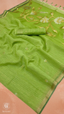 Moss Green & Gold Silver Lotus Raw Silk Saree