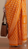 Bright Orange Floral Handblocked Pure Mul Cotton Saree