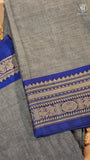 Grey & Blue Peacock Floral Border Handloom Narayanpet Cotton Saree