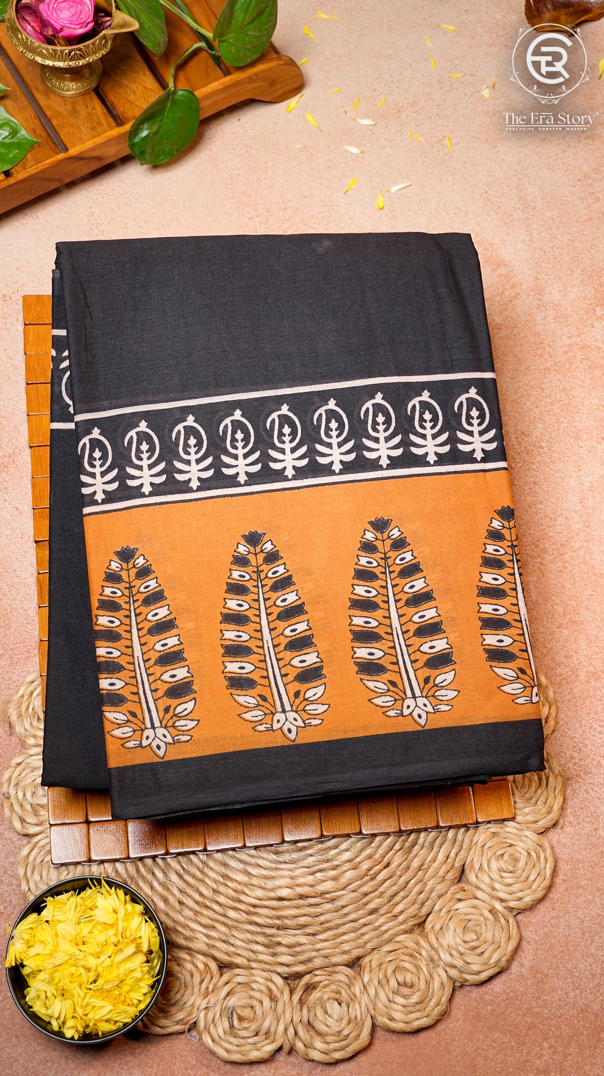 Black & Mustard Yellow Floral Handblocked Pure Cotton Sarees