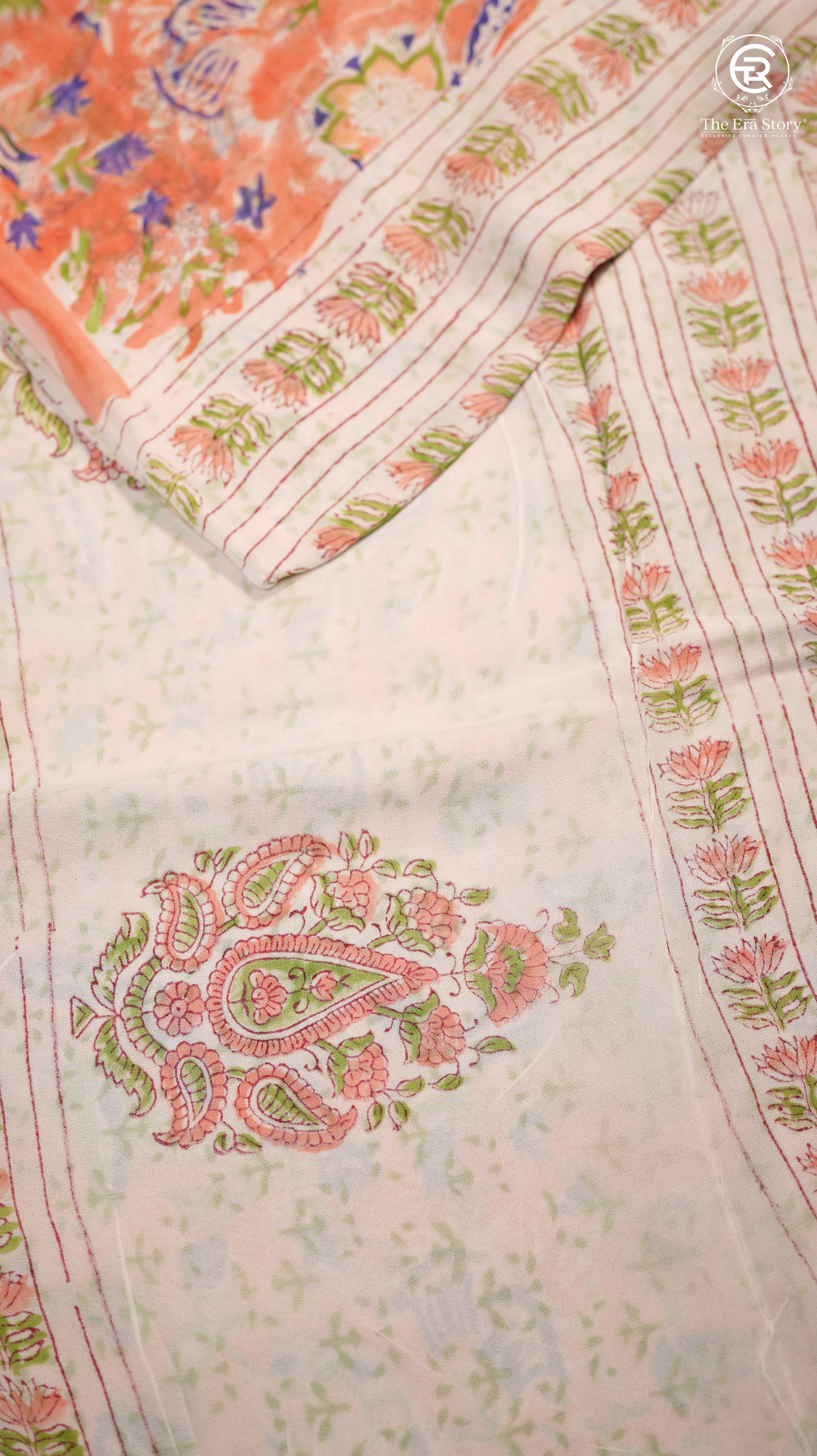 Peach & Blue Floral Vine Handblocked Pure Georgette Saree