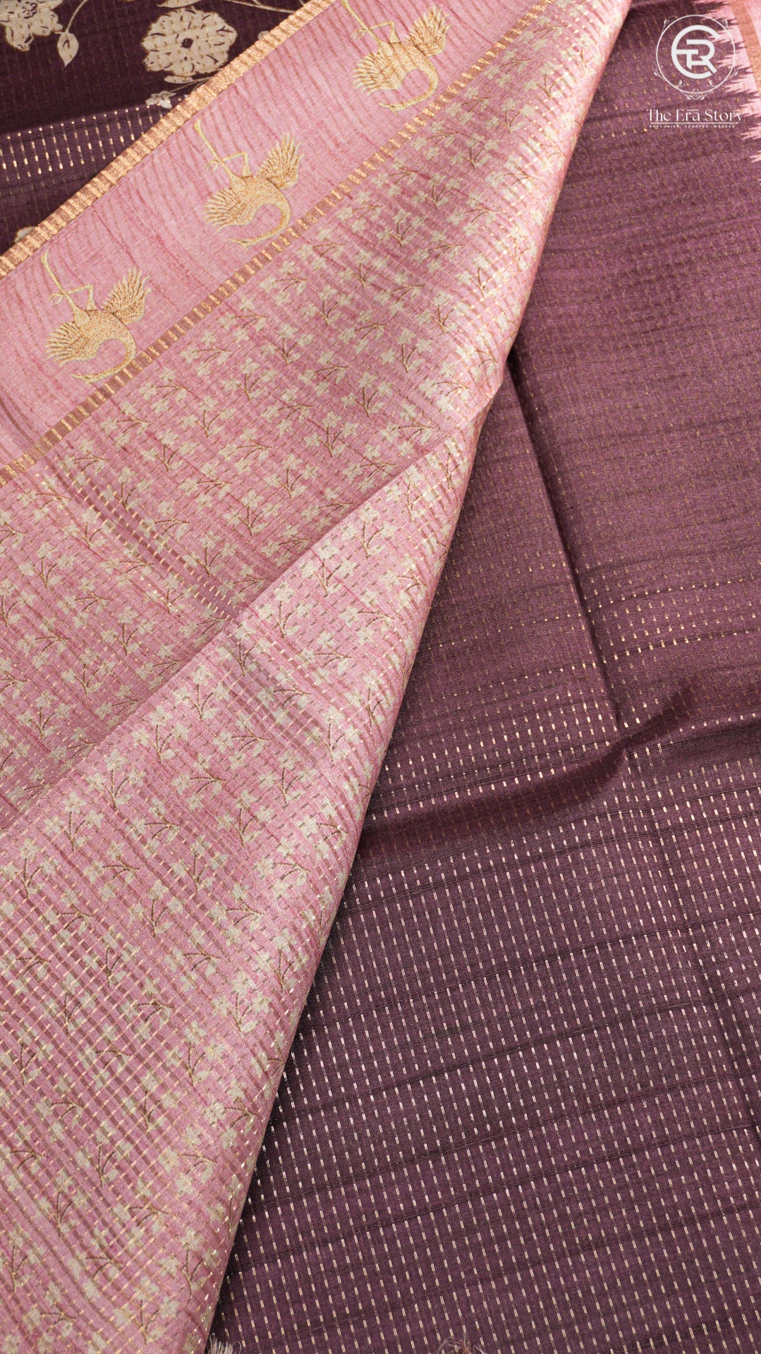 Plum & Pink Floral Kantha Matka Tussar Silk Saree