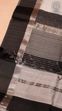 Grey and Black Line Patterned Handloom Pure Maheshwari Silk Saree