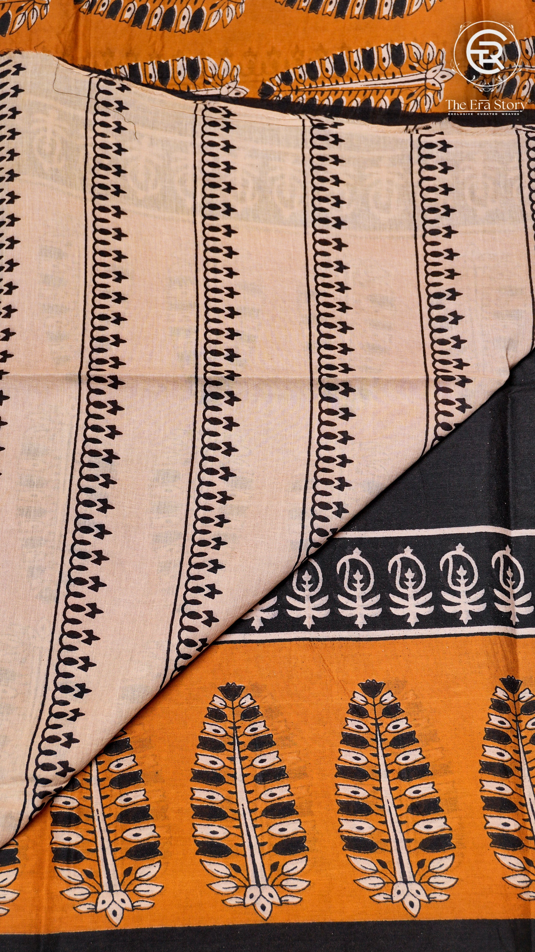 Black & Mustard Yellow Floral Handblocked Pure Cotton Sarees