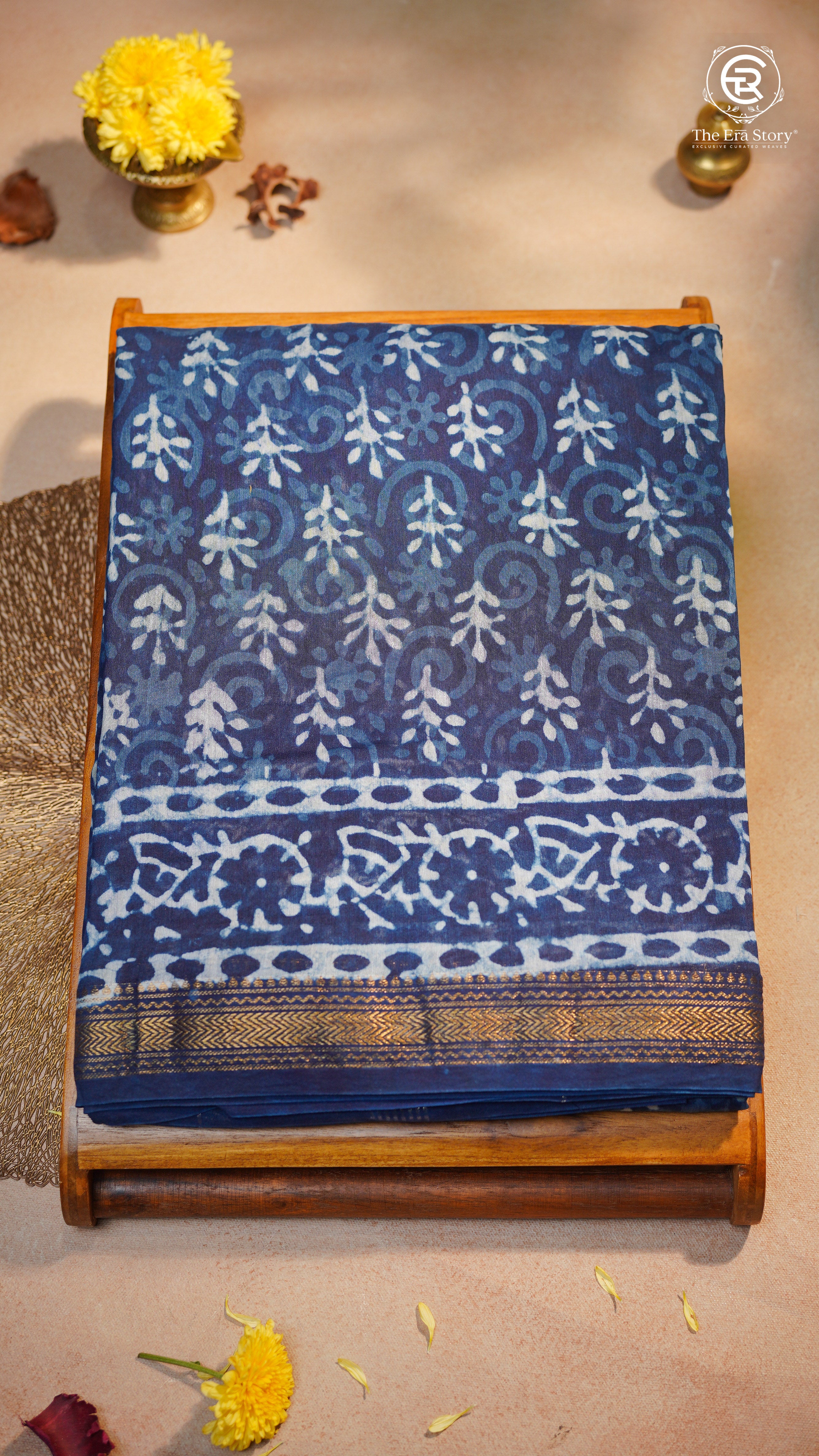 Blue Tree Motif Handblocked Pure Maheshwari Cotton Saree
