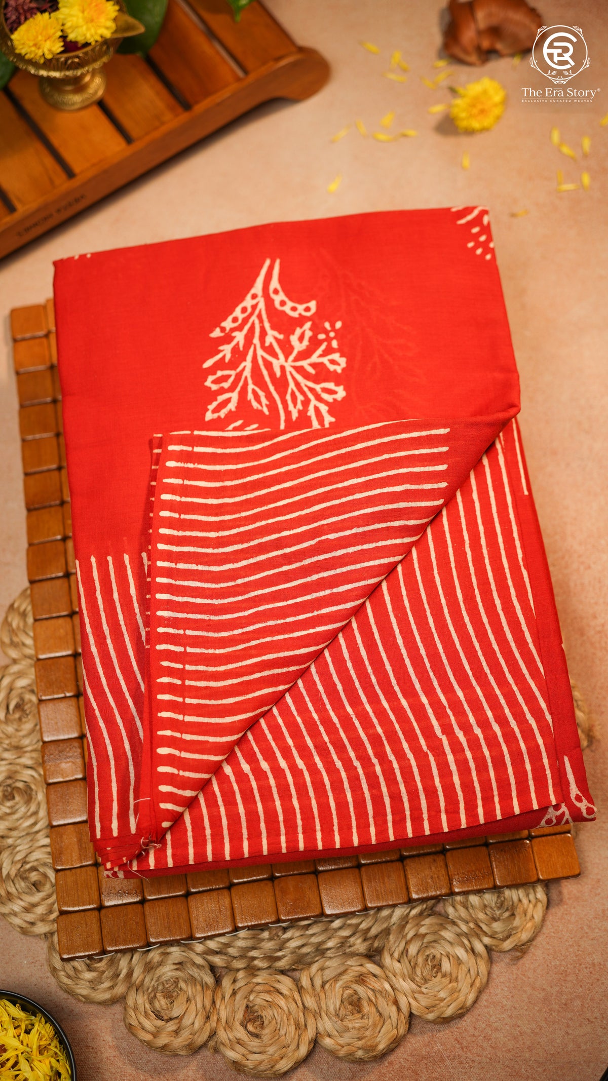Red Floral Handblocked Pure Mul Cotton Saree
