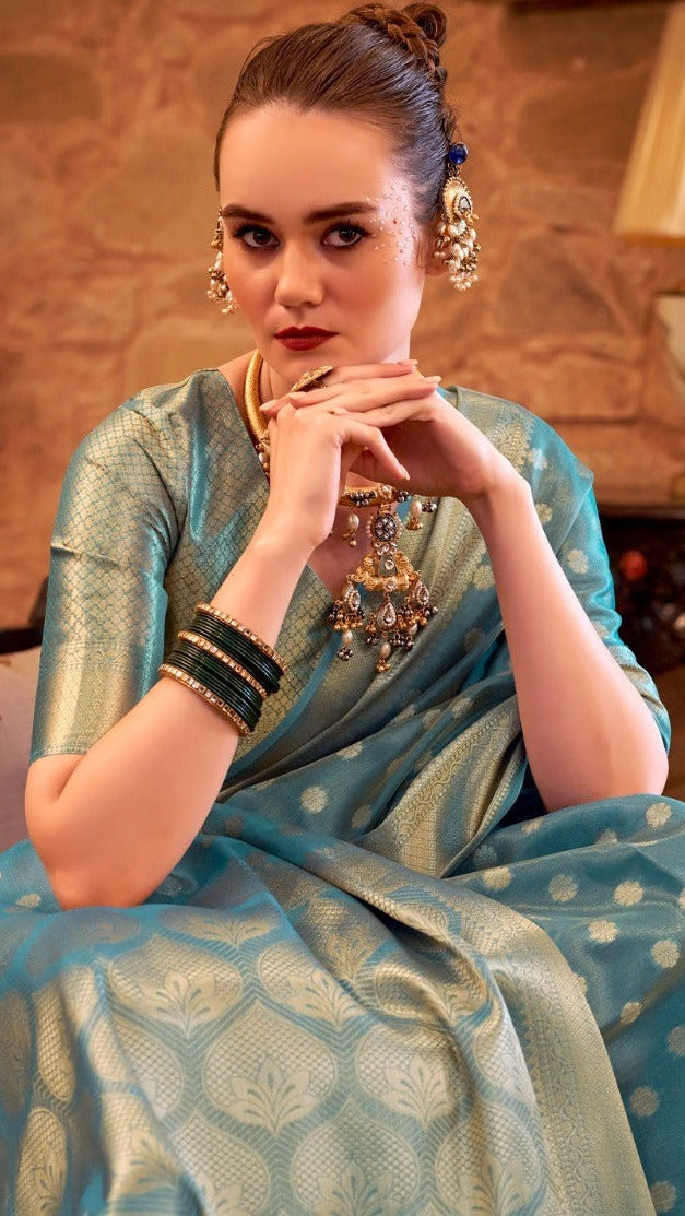 Blue and Gold Handloom Zari Weaving Tissue Silk Saree