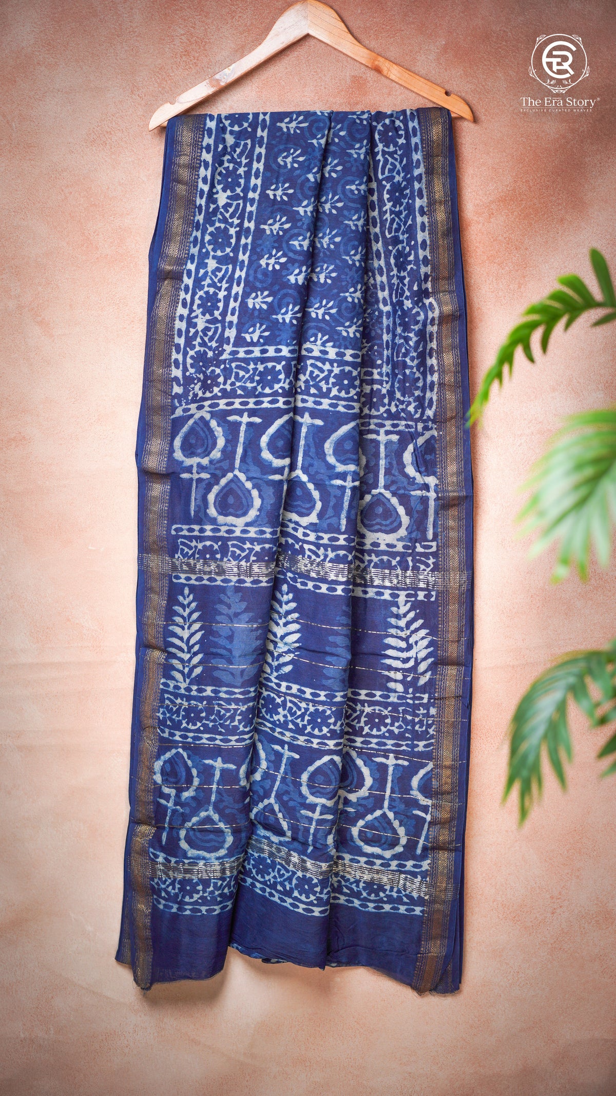 Blue Tree Motif Handblocked Pure Maheshwari Cotton Saree