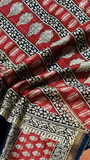 Black & Red Leaf Handblocked Pure Maheshwari Cotton Sarees