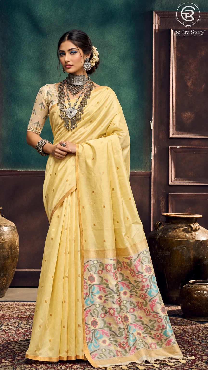 Yellow & Gold Ikkat Floral Cotton Saree