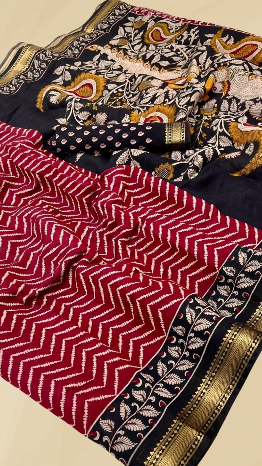 Red and Black Kalamkari Leheriya Handloom Cotton Saree