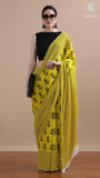 Mustard Yellow Floral Handblocked Pure Mul Cotton Saree