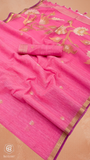 Pink & Gold Silver Lotus Raw Silk Saree