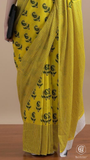 Mustard Yellow Floral Handblocked Pure Mul Cotton Saree