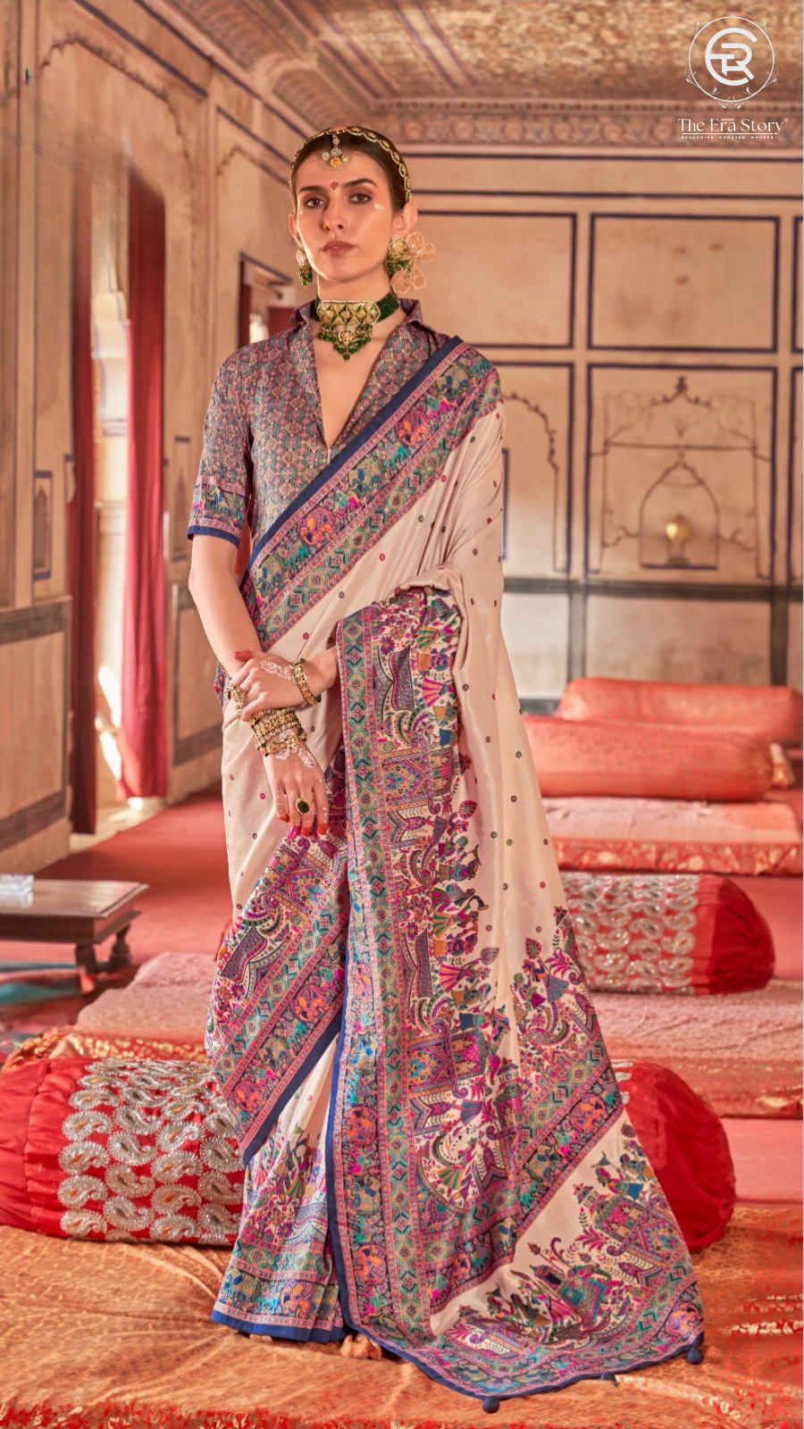 Navy Blue Beige Festive Crepe Banarasi Silk Saree