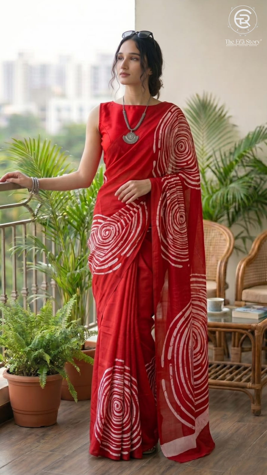 Red Concentric Circle Handblocked Pure Mul Cotton Saree