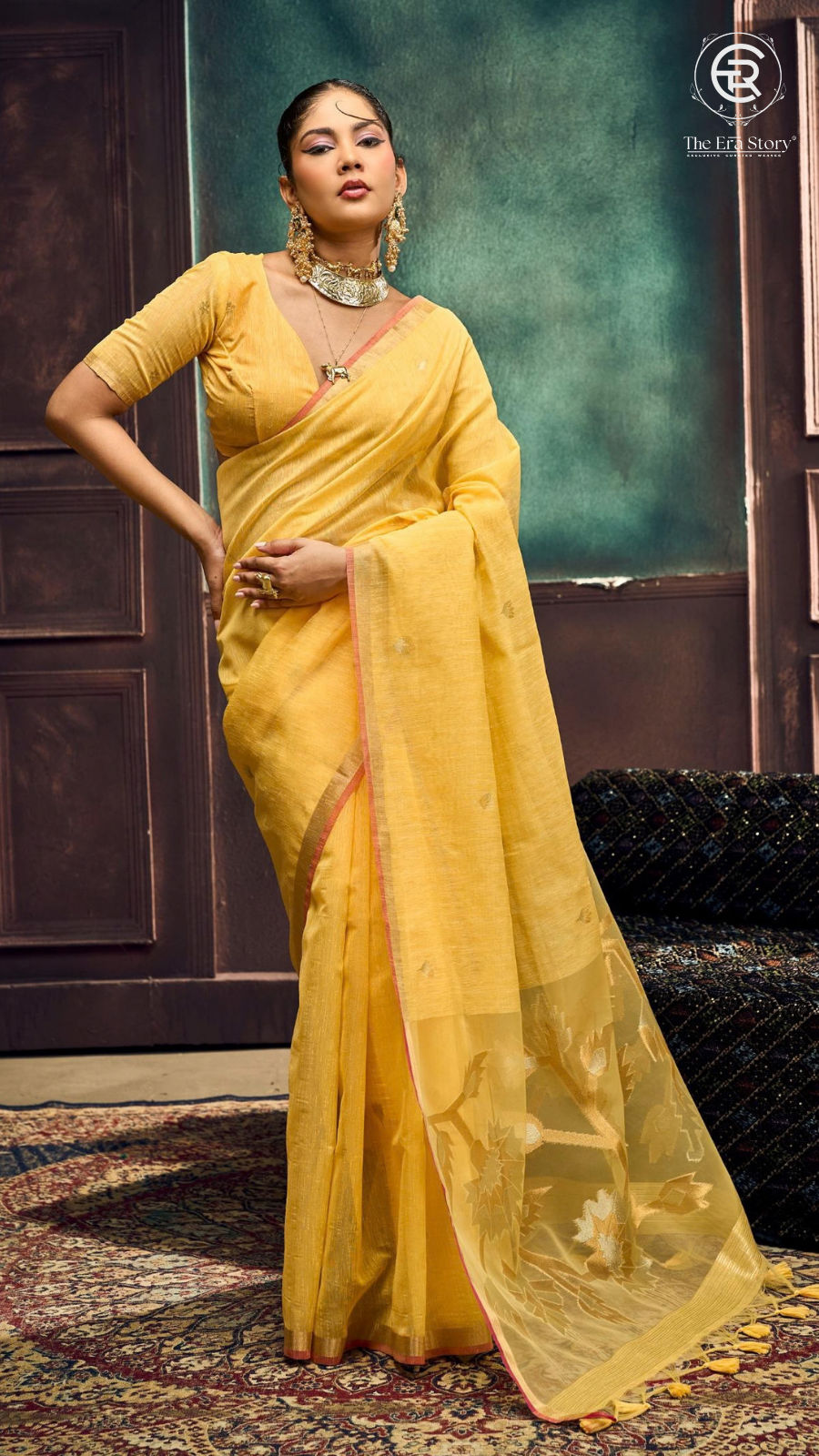 Yellow & Gold Silver Lotus Raw Silk Saree