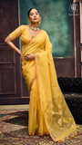 Yellow & Gold Silver Lotus Raw Silk Saree