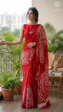 Red Concentric Circle Handblocked Pure Mul Cotton Saree