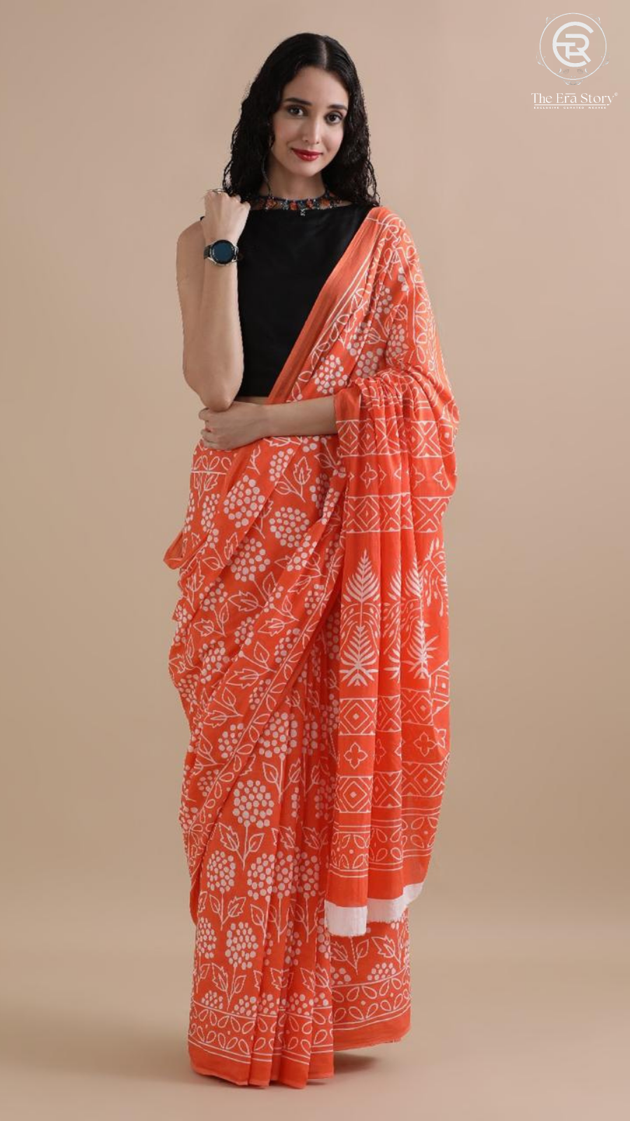 Orange Floral Handblocked Pure Mul Cotton Saree
