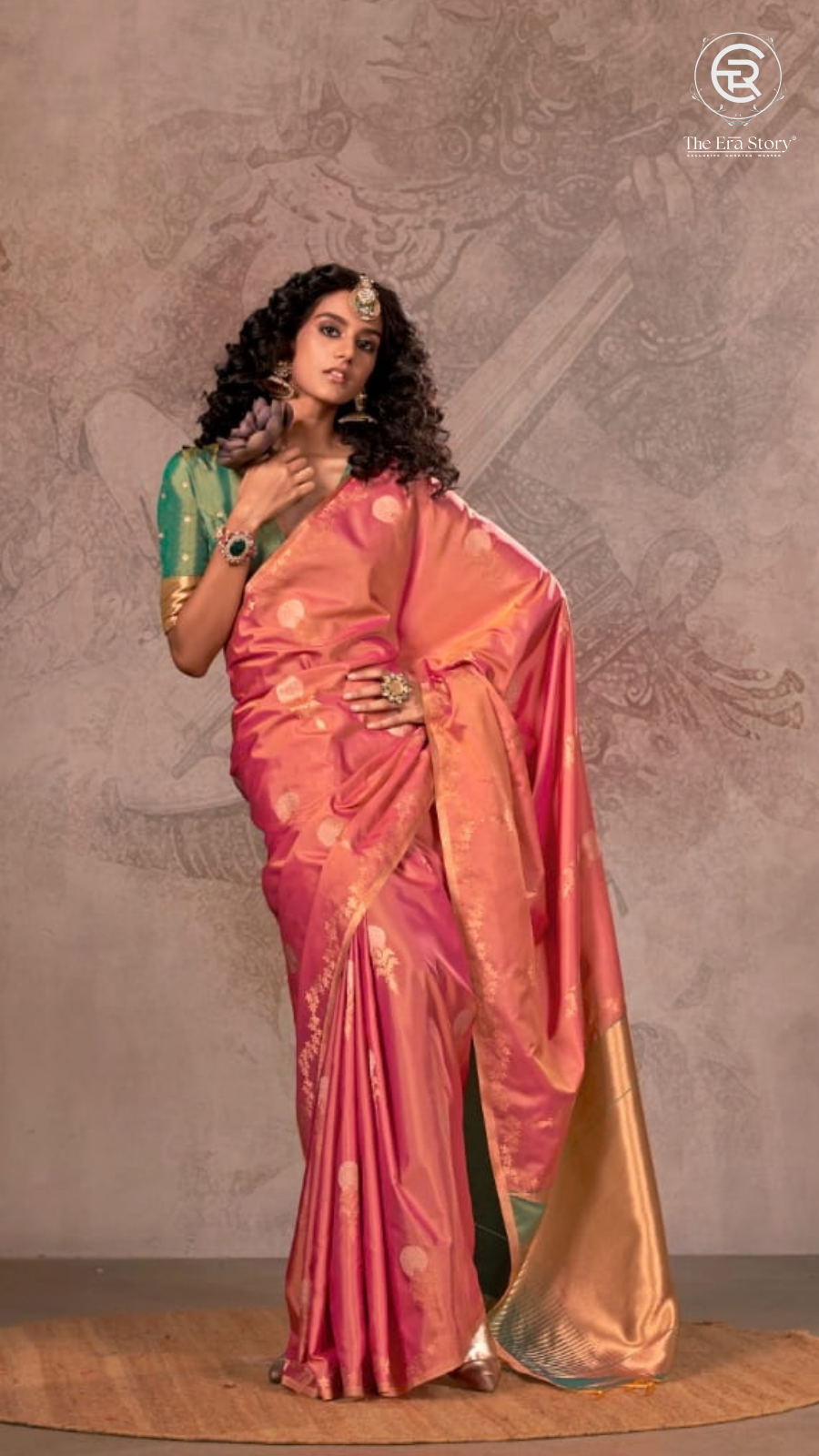 Peach Pink & Green Zari Floral Soft Silk Saree