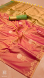 Peach Pink & Green Zari Floral Soft Silk Saree