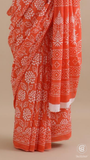 Orange Floral Handblocked Pure Mul Cotton Saree