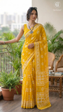 Yellow Floral Butta Handblocked Pure Mul Cotton Saree